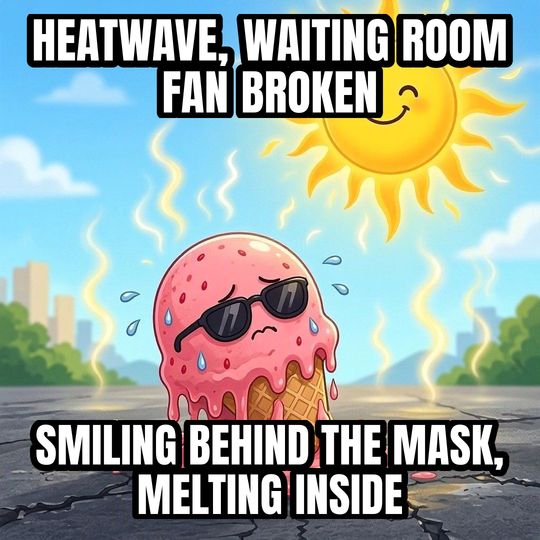 Melting in the Heat meme: Heatwave, waiting room fan broken / Smiling behind the mask, melting inside