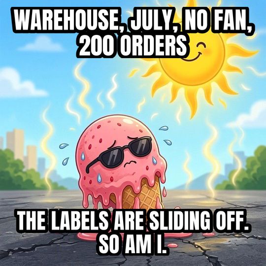 Melting in the Heat meme: Warehouse, July, no fan, 200 orders / The labels are sliding off. So am I.