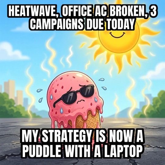Melting in the Heat meme: Heatwave, office AC broken, 3 campaigns due today / My strategy is now a puddle with a laptop