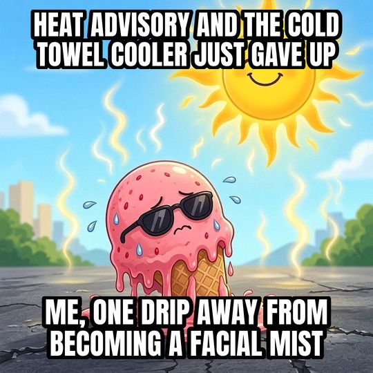Melting in the Heat meme: Heat advisory and the cold towel cooler just gave up / Me, one drip away from becoming a facial mist