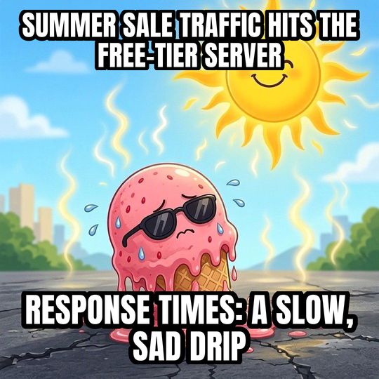 Melting in the Heat meme: Summer sale traffic hits the free-tier server / Response times: a slow, sad drip