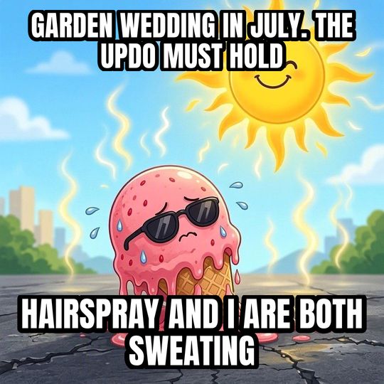 Melting in the Heat meme: Garden wedding in July. The updo must hold / Hairspray and I are both sweating