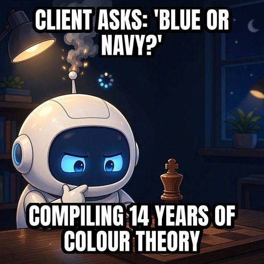 Overthinking Robot meme: Client asks: 'blue or navy?' / Compiling 14 years of colour theory