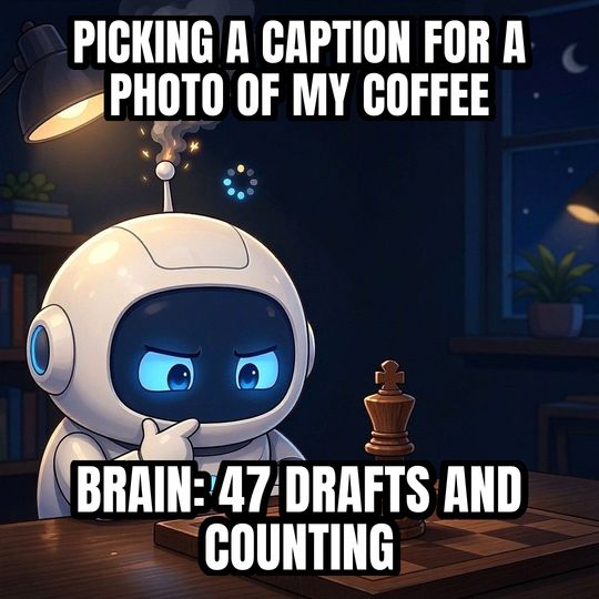 Overthinking Robot meme: Picking a caption for a photo of my coffee / Brain: 47 drafts and counting