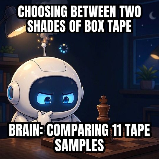 Overthinking Robot meme: Choosing between two shades of box tape / Brain: comparing 11 tape samples