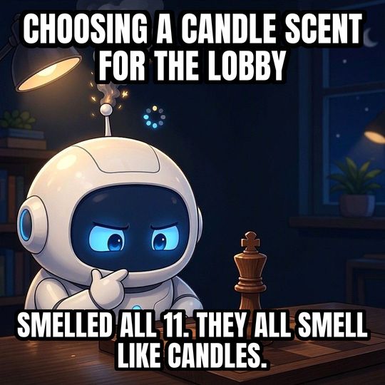 Overthinking Robot meme: Choosing a candle scent for the lobby / Smelled all 11. They all smell like candles.