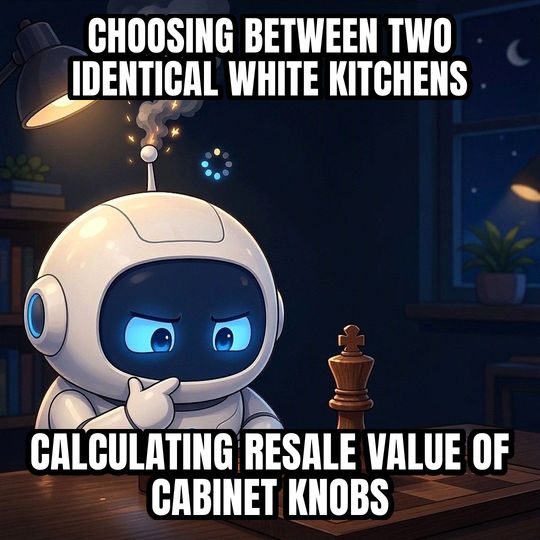 Overthinking Robot meme: Choosing between two identical white kitchens / Calculating resale value of cabinet knobs