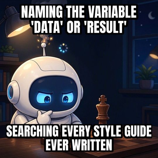 Overthinking Robot meme: Naming the variable 'data' or 'result' / Searching every style guide ever written
