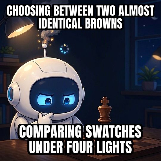 Overthinking Robot meme: Choosing between two almost identical browns / Comparing swatches under four lights
