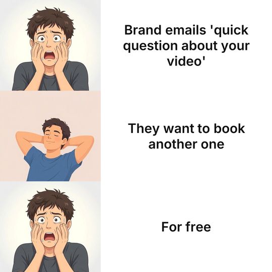 Panik Kalm Panik meme: Brand emails 'quick question about your video' / They want to book another one / For free