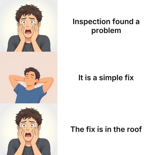 Panik Kalm Panik meme: Inspection found a problem / It is a simple fix / The fix is in the roof