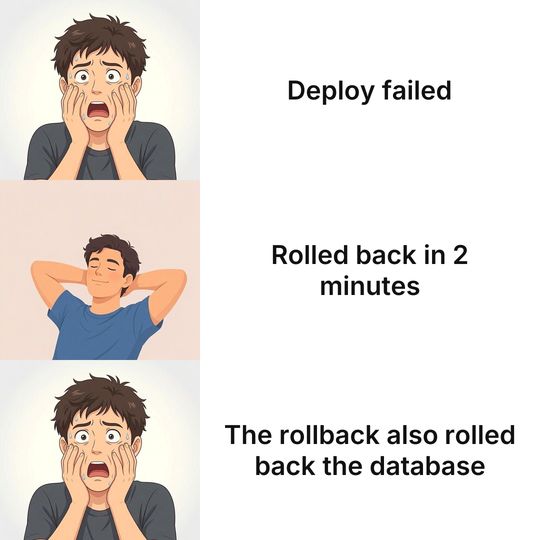 Panik Kalm Panik meme: Deploy failed / Rolled back in 2 minutes / The rollback also rolled back the database