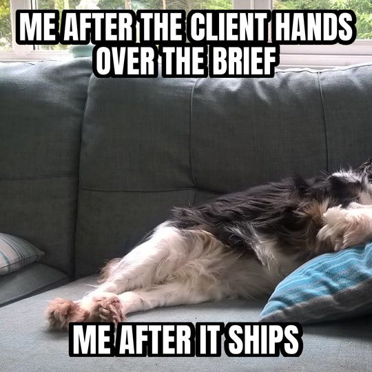 Sleeping dog meme: Me after the client hands over the brief / Me after it ships