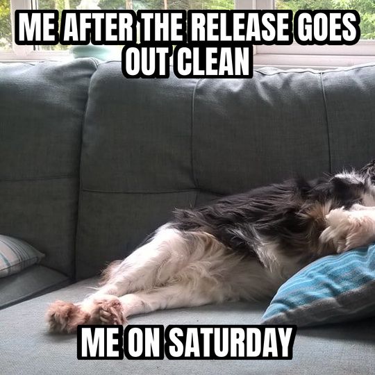Sleeping dog meme: Me after the release goes out clean / Me on Saturday