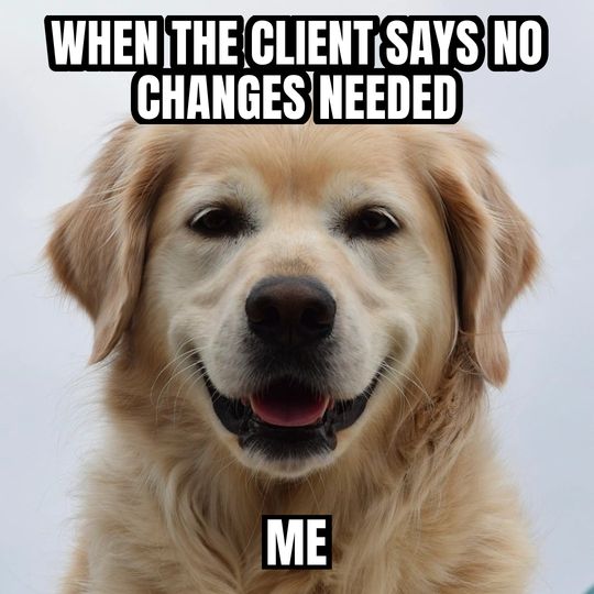 Happy dog meme: When the client says no changes needed / Me