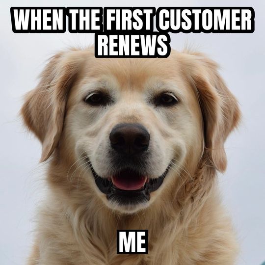 Happy dog meme: When the first customer renews / Me