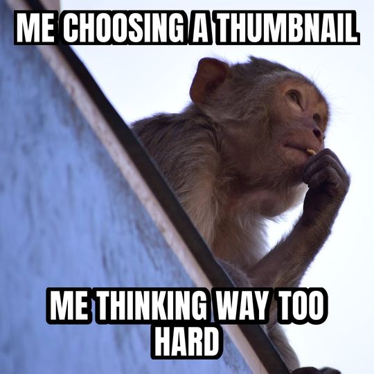 Thinking monkey meme: Me choosing a thumbnail / Me thinking way too hard
