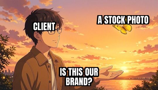 Is This a Pigeon meme: Client / A stock photo / Is this our brand?