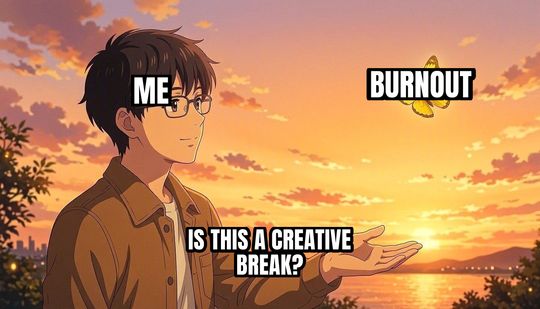 Is This a Pigeon meme: Me / Burnout / Is this a creative break?
