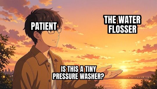 Is This a Pigeon meme: Patient / The water flosser / Is this a tiny pressure washer?