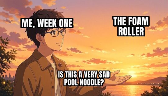 Is This a Pigeon meme: Me, week one / The foam roller / Is this a very sad pool noodle?
