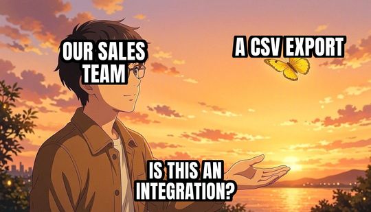 Is This a Pigeon meme: Our sales team / A CSV export / Is this an integration?