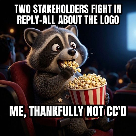 Eating Popcorn meme: Two stakeholders fight in reply-all about the logo / Me, thankfully not CC'd
