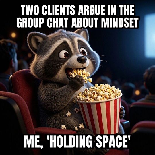 Eating Popcorn meme: Two clients argue in the group chat about mindset / Me, 'holding space'