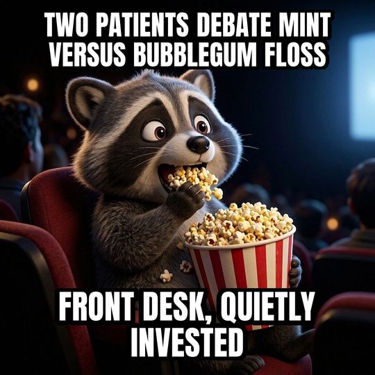 Eating Popcorn meme: Two patients debate mint versus bubblegum floss / Front desk, quietly invested