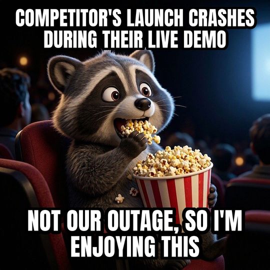 Eating Popcorn meme: Competitor's launch crashes during their live demo / Not our outage, so I'm enjoying this
