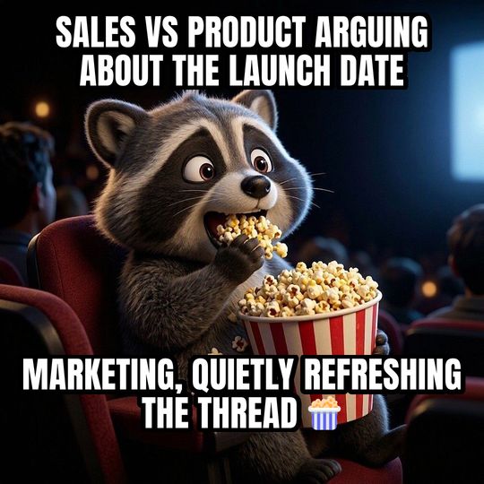 Eating Popcorn meme: Sales vs product arguing about the launch date / Marketing, quietly refreshing the thread 🍿