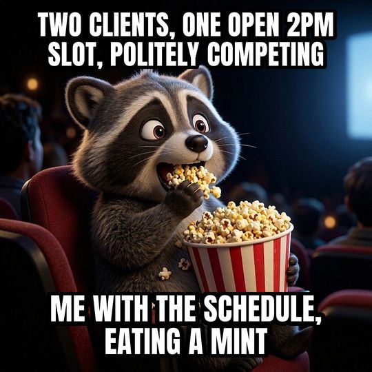 Eating Popcorn meme: Two clients, one open 2pm slot, politely competing / Me with the schedule, eating a mint