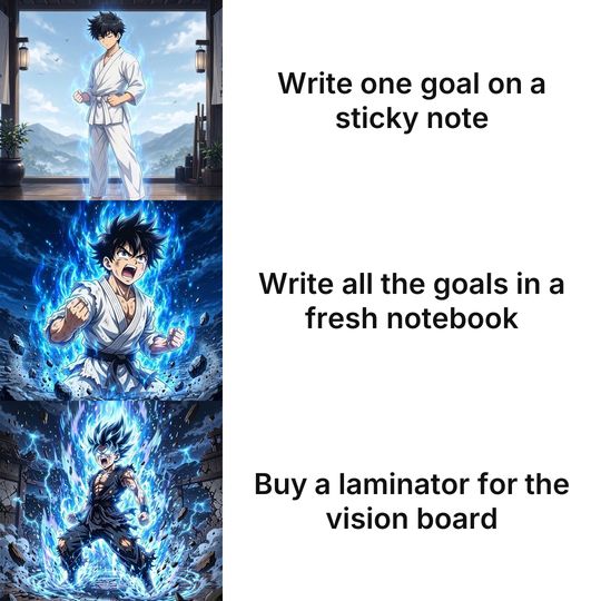 Anime Power-up Levels meme: Write one goal on a sticky note / Write all the goals in a fresh notebook / Buy a laminator for the vision board