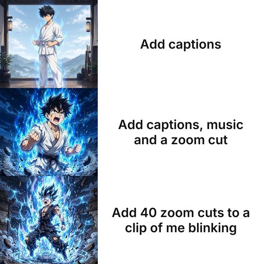 Anime Power-up Levels meme: Add captions / Add captions, music and a zoom cut / Add 40 zoom cuts to a clip of me blinking