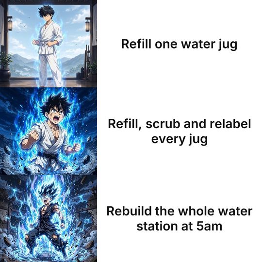 Anime Power-up Levels meme: Refill one water jug / Refill, scrub and relabel every jug / Rebuild the whole water station at 5am
