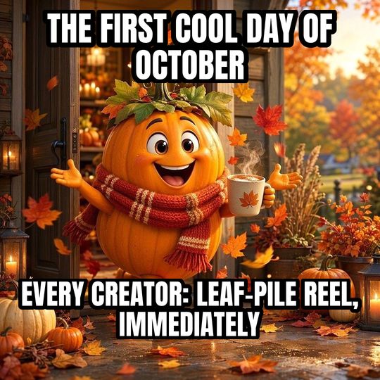 Fall Is Here meme: The first cool day of October / Every creator: leaf-pile reel, immediately