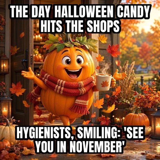 Fall Is Here meme: The day Halloween candy hits the shops / Hygienists, smiling: 'See you in November'