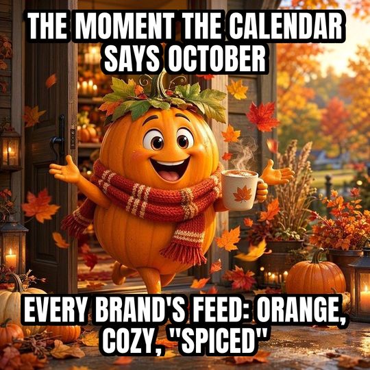 Fall Is Here meme: The moment the calendar says October / Every brand's feed: orange, cozy, "spiced"