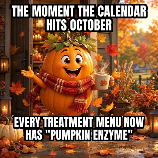 Fall Is Here meme: The moment the calendar hits October / Every treatment menu now has "pumpkin enzyme"