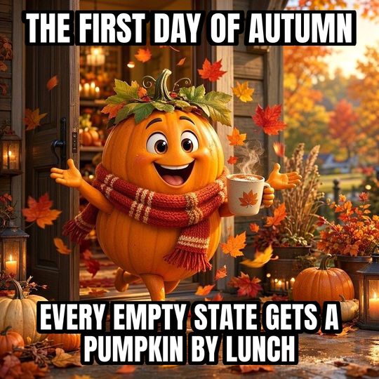 Fall Is Here meme: The first day of autumn / Every empty state gets a pumpkin by lunch