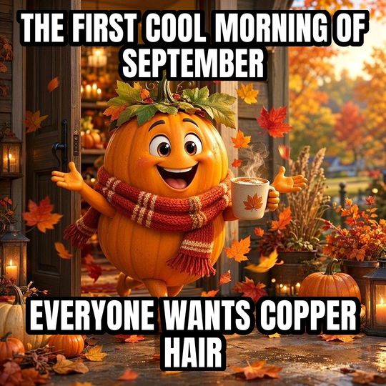 Fall Is Here meme: The first cool morning of September / Everyone wants copper hair