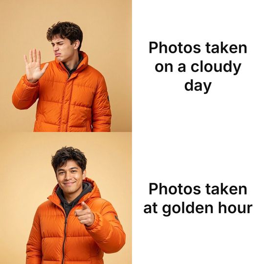 Drake meme: Photos taken on a cloudy day / Photos taken at golden hour