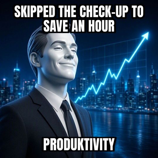 Stonks meme: Skipped the check-up to save an hour / PRODUKTIVITY