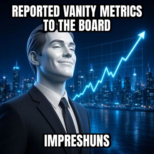 Stonks meme: Reported vanity metrics to the board / IMPRESHUNS