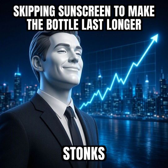 Stonks meme: Skipping sunscreen to make the bottle last longer / Stonks