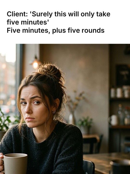 Side Eye meme: Client: 'Surely this will only take five minutes' / Five minutes, plus five rounds