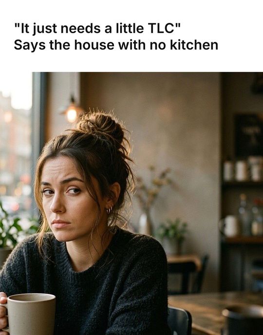 Side Eye meme: "It just needs a little TLC" / Says the house with no kitchen