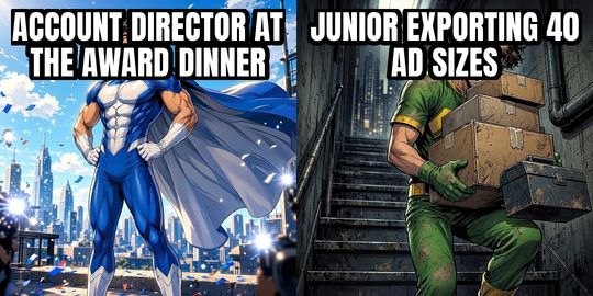 Hero Gets the Credit meme: Account director at the award dinner / Junior exporting 40 ad sizes