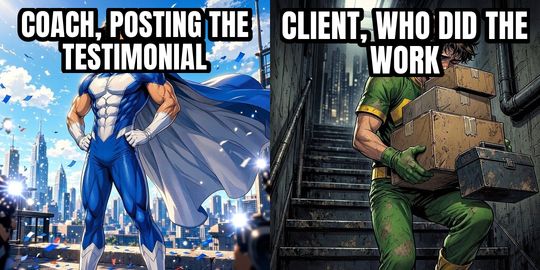 Hero Gets the Credit meme: Coach, posting the testimonial / Client, who did the work