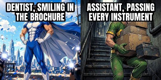 Hero Gets the Credit meme: Dentist, smiling in the brochure / Assistant, passing every instrument